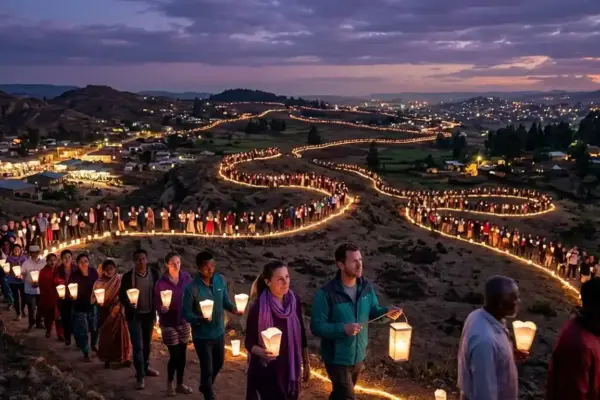 People carry lanterns along illuminated pathways through communities, symbolizing collective action to end gender-based violence.
