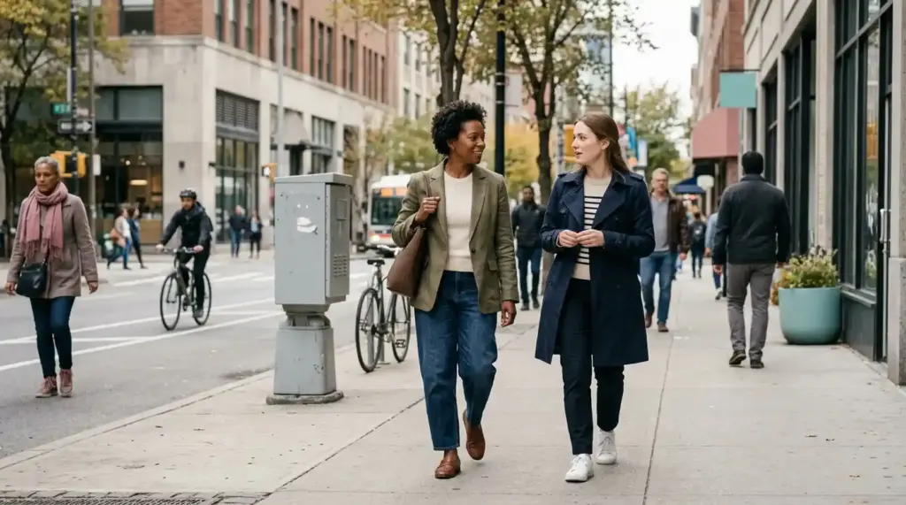 Woman walking through her community with another woman, representing the individual journeys of people affected by breast cancer.