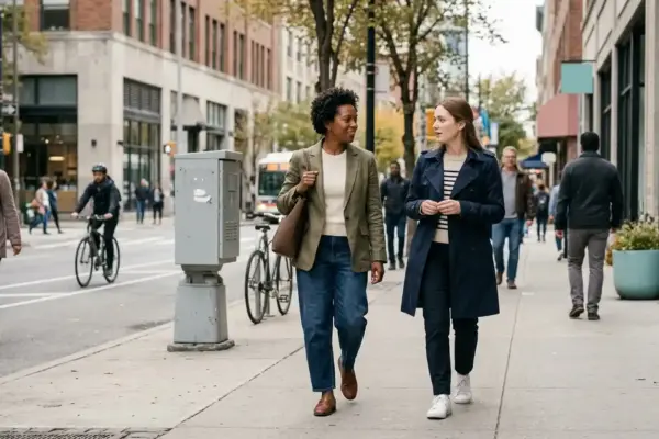 Woman walking through her community with another woman, representing the individual journeys of people affected by breast cancer.
