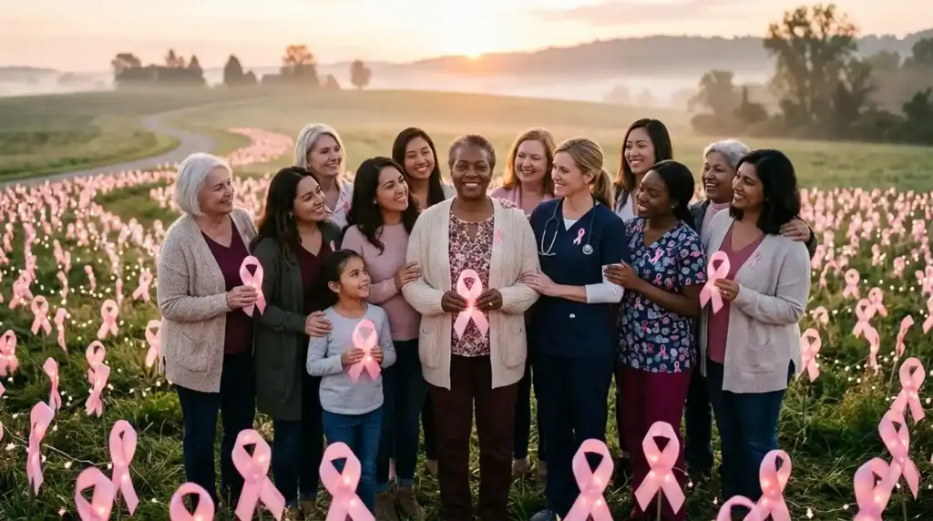 Women, survivors, family members, and healthcare workers stand together among glowing pink ribbons, symbolizing breast cancer awareness, support, and hope.
