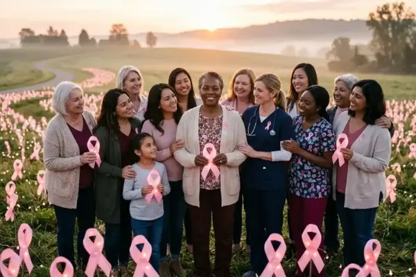 Women, survivors, family members, and healthcare workers stand together among glowing pink ribbons, symbolizing breast cancer awareness, support, and hope.