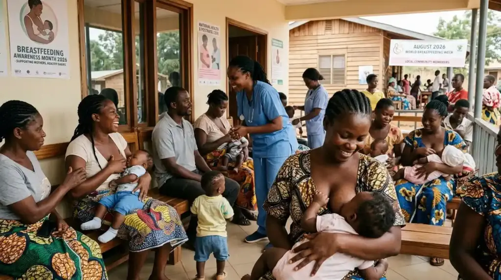 Mothers, infants, and healthcare workers represented during breastfeeding awareness and maternal-child health education activities.