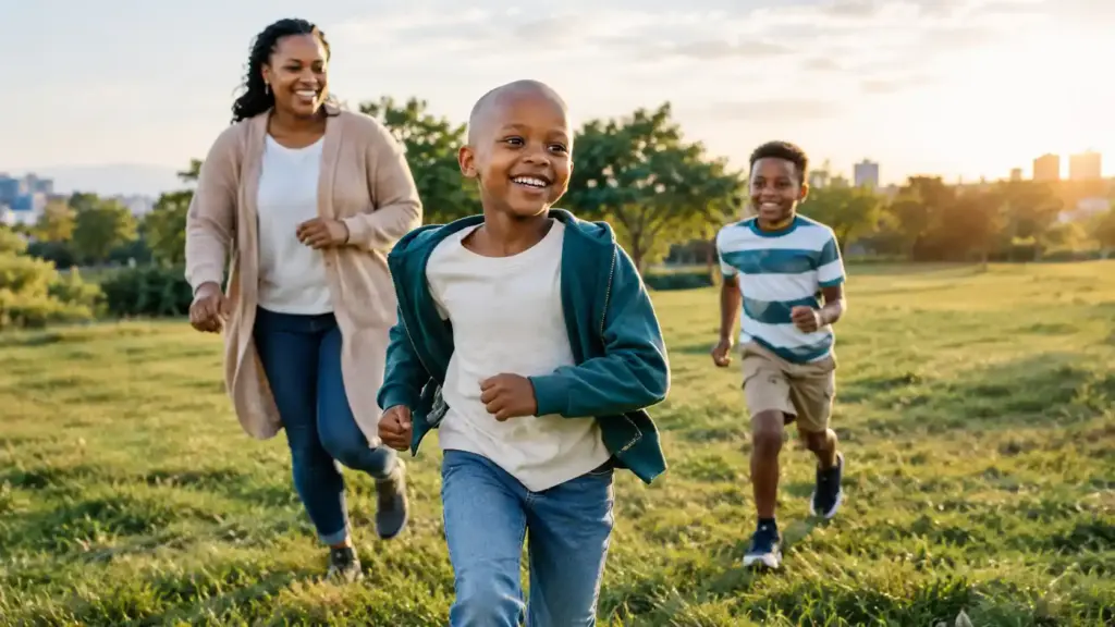 Child recovering from cancer running outdoors with family, representing hope, childhood and the importance of equitable cancer care.