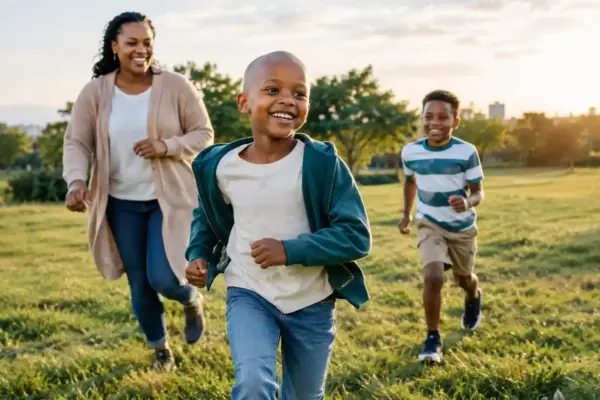 Child recovering from cancer running outdoors with family, representing hope, childhood and the importance of equitable cancer care.