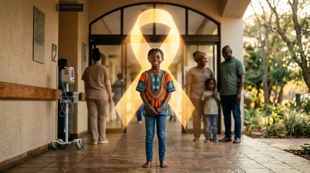 A child standing beneath a golden awareness ribbon made of sunlight, surrounded by supportive family members in a hopeful scene symbolizing childhood cancer awareness and resilience.