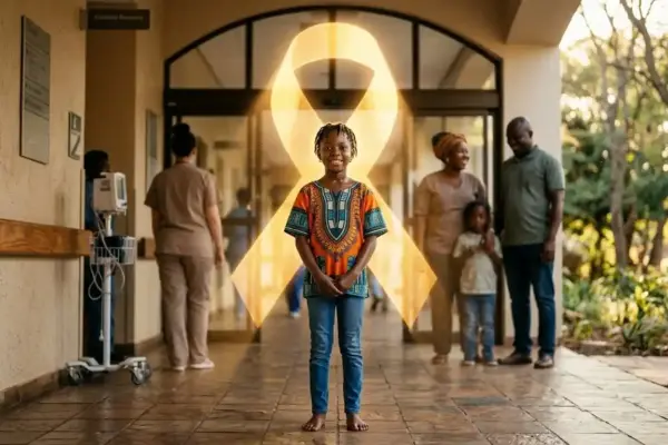 A child standing beneath a golden awareness ribbon made of sunlight, surrounded by supportive family members in a hopeful scene symbolizing childhood cancer awareness and resilience.