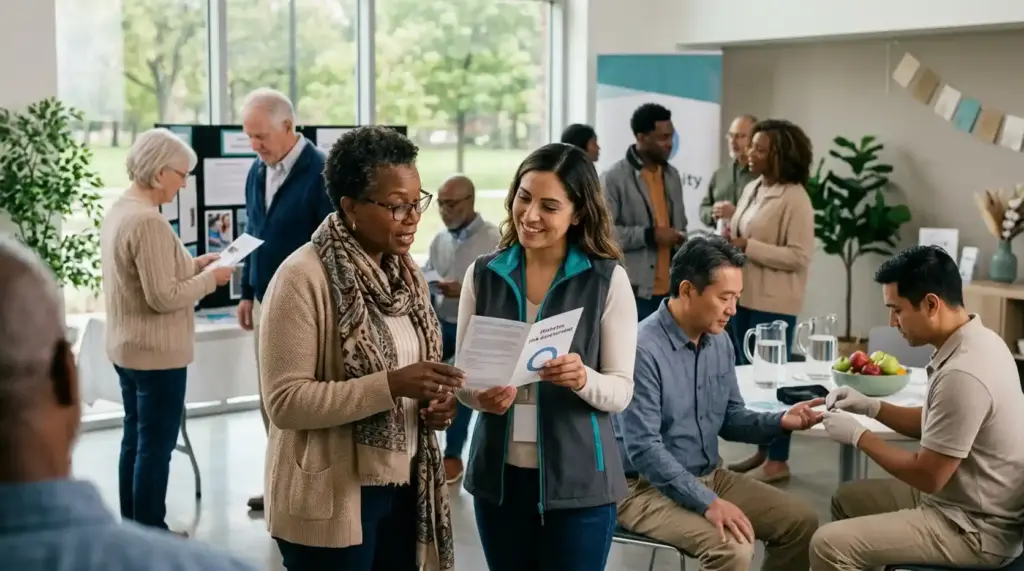 Adults participating in a community diabetes-awareness activity, representing early risk recognition, screening, prevention, and access to diabetes care.