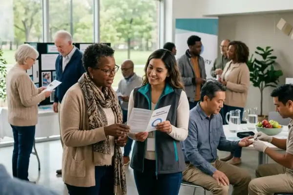 Adults participating in a community diabetes-awareness activity, representing early risk recognition, screening, prevention, and access to diabetes care.
