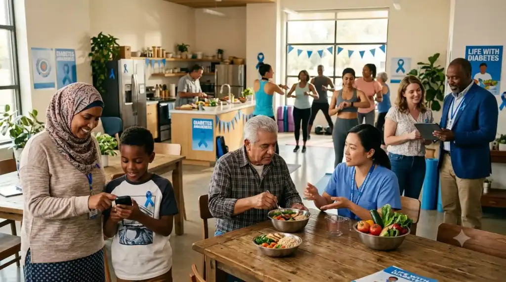 People manage diabetes through monitoring, healthy eating, exercise, and healthcare support, symbolizing awareness and long-term health.