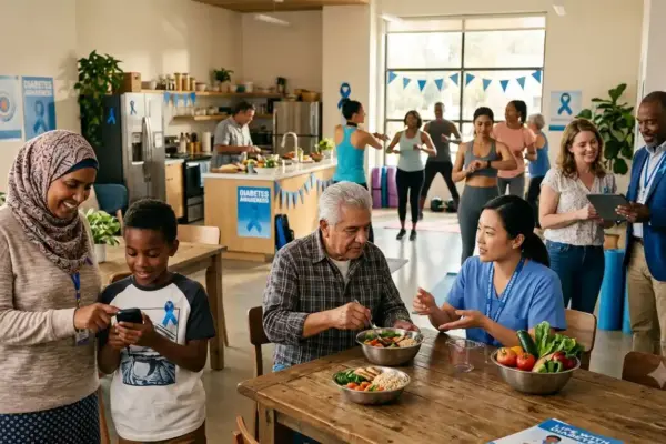 People manage diabetes through monitoring, healthy eating, exercise, and healthcare support, symbolizing awareness and long-term health.