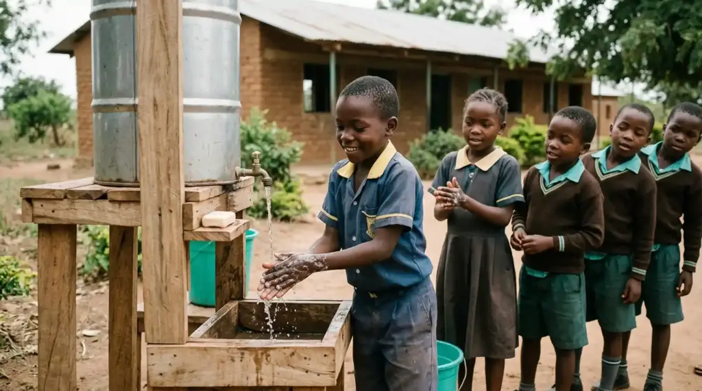 Child washing hands with soap at a school handwashing station while other children follow the example.