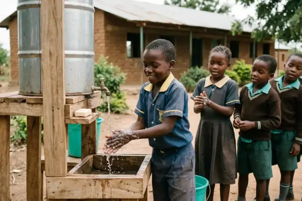 Child washing hands with soap at a school handwashing station while other children follow the example.