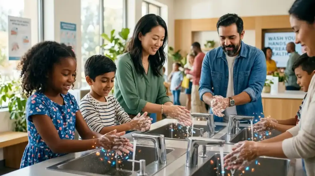 Children and adults wash their hands under clean water while germs disappear, emphasizing hygiene and disease prevention.