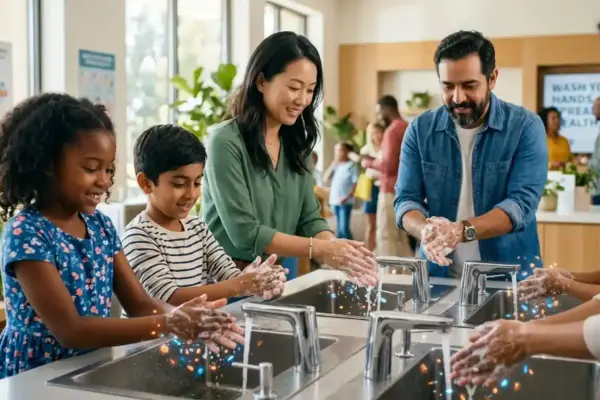 Children and adults wash their hands under clean water while germs disappear, emphasizing hygiene and disease prevention.