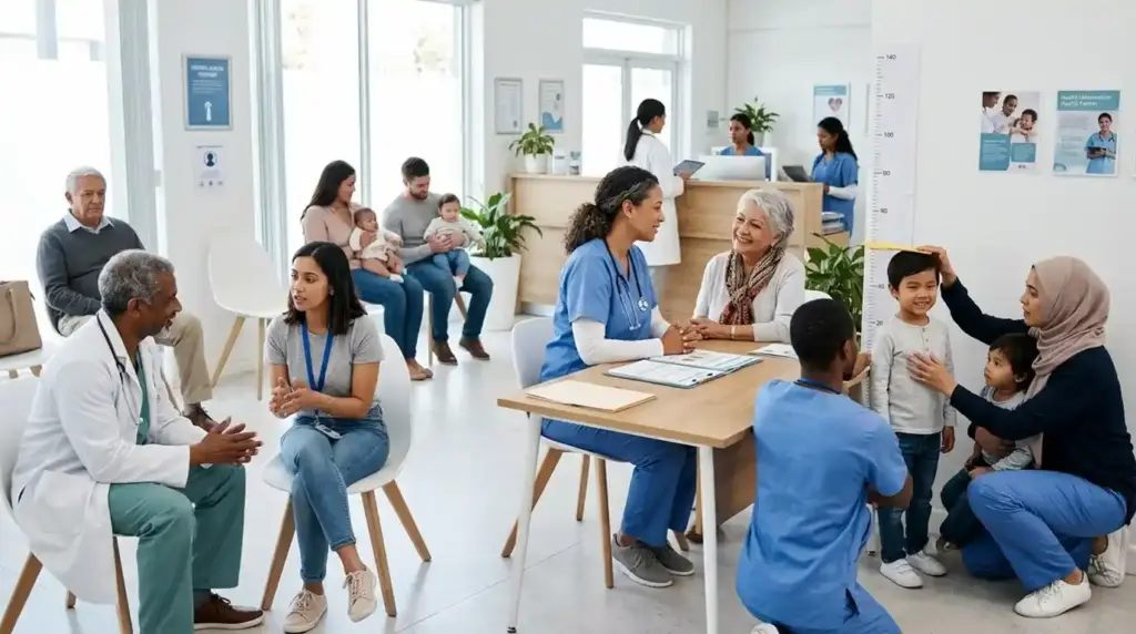 Healthcare professionals provide compassionate care to people from diverse racial and ethnic backgrounds in an inclusive community health center, highlighting dignity, equality, and the universal right to health.