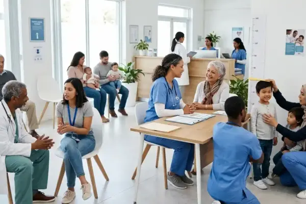 Healthcare professionals provide compassionate care to people from diverse racial and ethnic backgrounds in an inclusive community health center, highlighting dignity, equality, and the universal right to health.