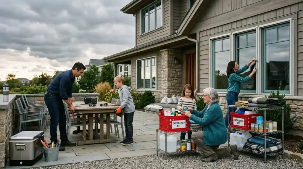 Multigenerational family preparing their home for severe weather, representing household disaster preparedness and resilience.