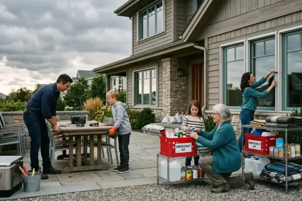 Multigenerational family preparing their home for severe weather, representing household disaster preparedness and resilience.