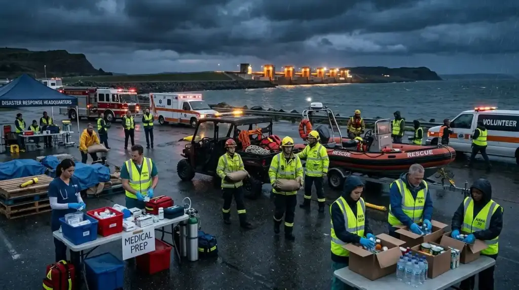 Emergency responders and community members prepare for disasters, highlighting preparedness, resilience, and risk reduction.