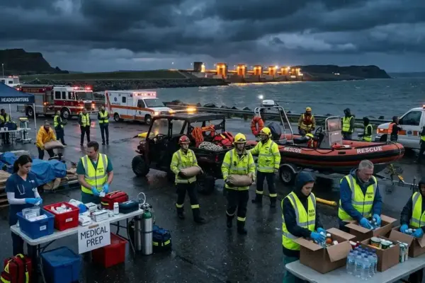 Emergency responders and community members prepare for disasters, highlighting preparedness, resilience, and risk reduction.