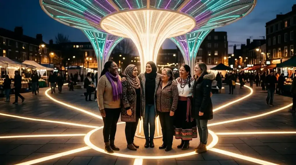 Women stand together beneath a protective canopy of light, symbolizing safety, empowerment, and action against violence.