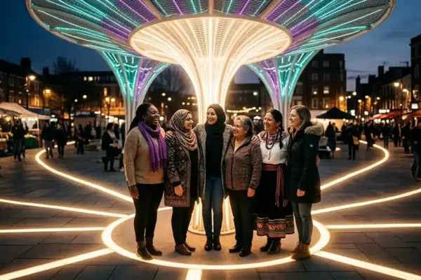 Women stand together beneath a protective canopy of light, symbolizing safety, empowerment, and action against violence.