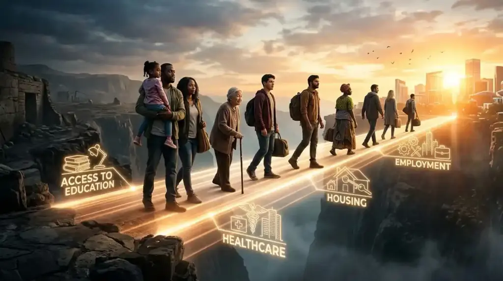 People cross a bridge toward opportunities in health, education, and employment, symbolizing efforts to end poverty.