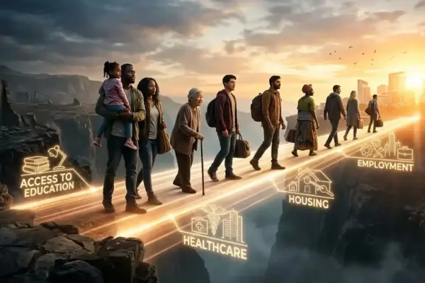 People cross a bridge toward opportunities in health, education, and employment, symbolizing efforts to end poverty.