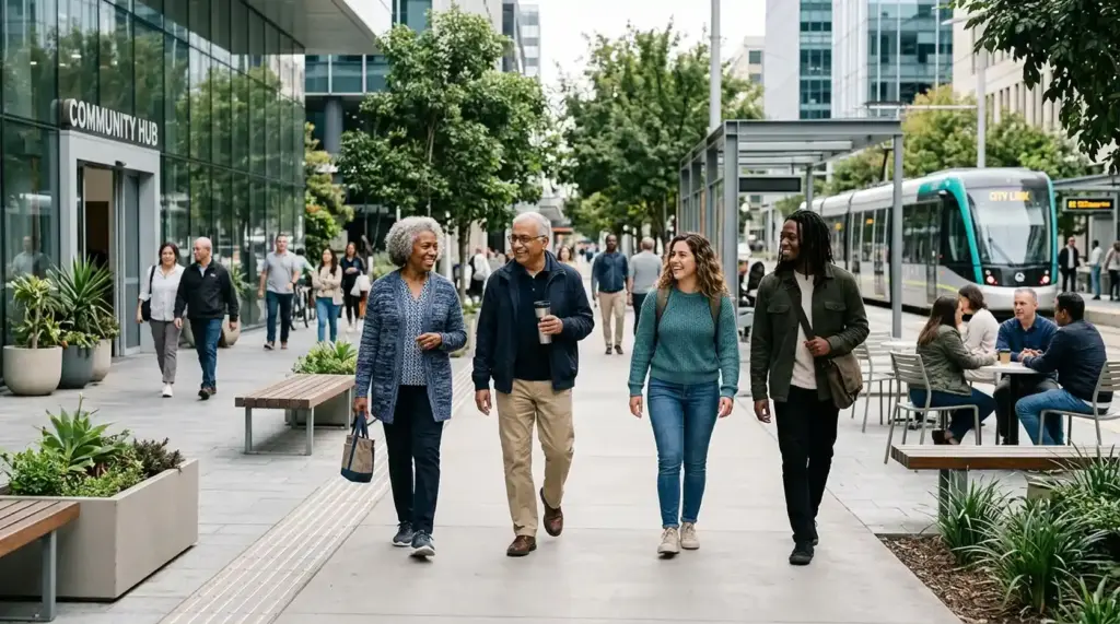 Older adults participating in everyday community life alongside people of different generations in an accessible public space.