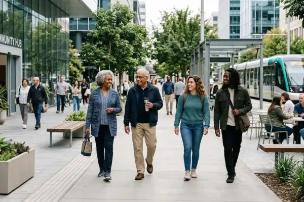 Older adults participating in everyday community life alongside people of different generations in an accessible public space.