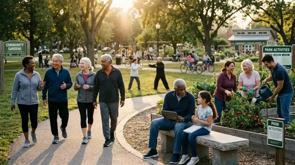 Older adults engage in community activities with younger generations, celebrating healthy aging, dignity, and social inclusion.