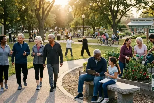 Older adults engage in community activities with younger generations, celebrating healthy aging, dignity, and social inclusion.