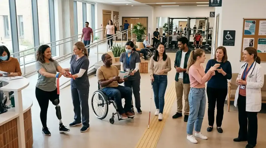 People with different disabilities interact with healthcare professionals in an accessible community setting, promoting inclusion, equal opportunity, and participation for everyone.
