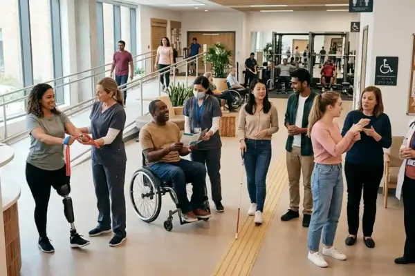 People with different disabilities interact with healthcare professionals in an accessible community setting, promoting inclusion, equal opportunity, and participation for everyone.