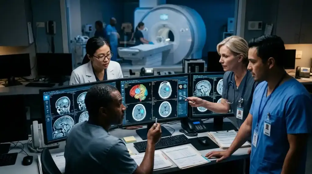 Medical imaging professionals review scans that reveal internal anatomy, highlighting the role of radiology in diagnosis and treatment.