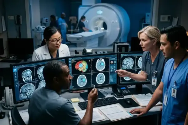 Medical imaging professionals review scans that reveal internal anatomy, highlighting the role of radiology in diagnosis and treatment.