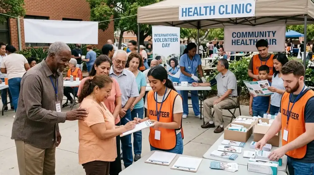 Volunteers from diverse backgrounds work alongside healthcare professionals during a community outreach event, supporting health education and services while promoting volunteerism and community wellbeing.
