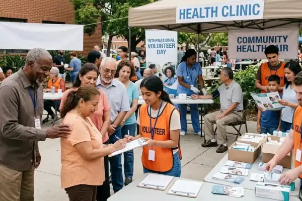 Volunteers from diverse backgrounds work alongside healthcare professionals during a community outreach event, supporting health education and services while promoting volunteerism and community wellbeing.