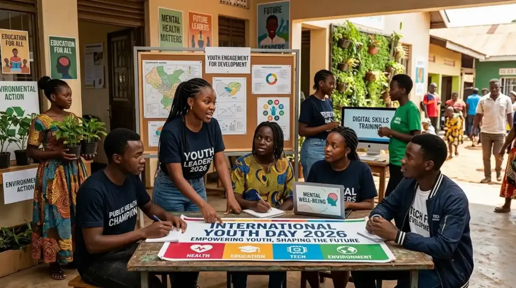 Young people participating in education, health, and community engagement activities during International Youth Day awareness campaigns.