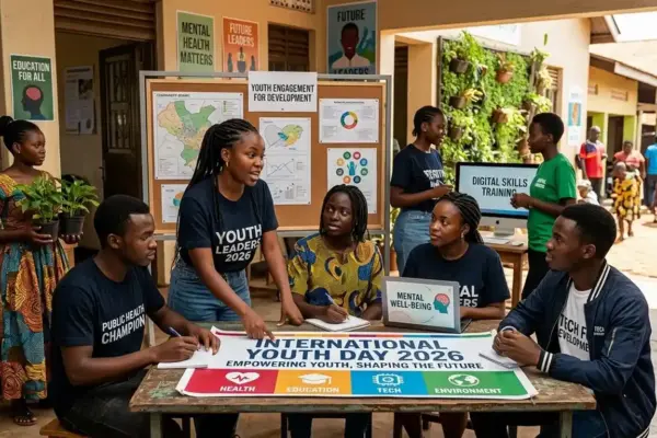 Young people participating in education, health, and community engagement activities during International Youth Day awareness campaigns.