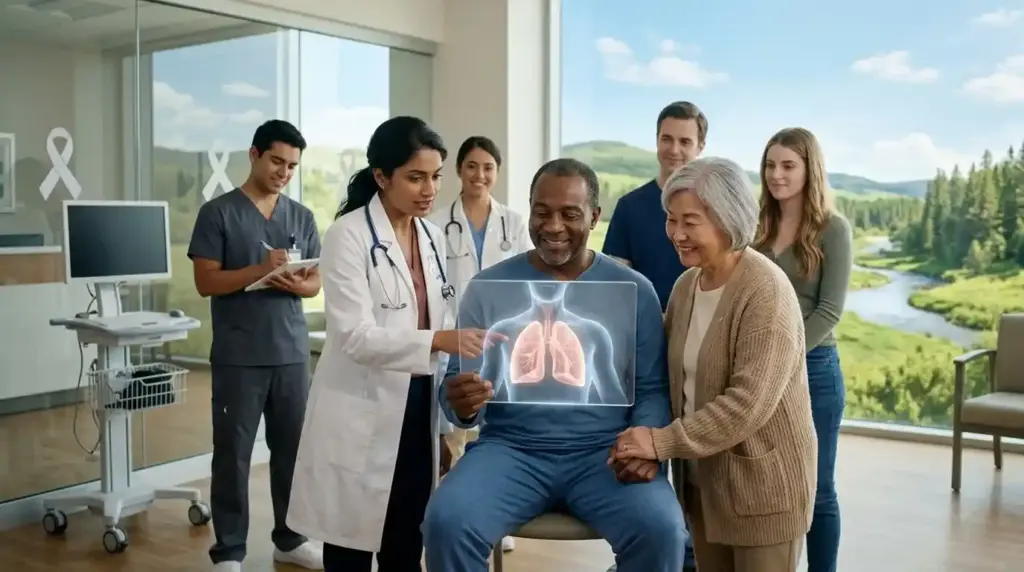 A glowing lung illustration emphasizes lung cancer awareness, early detection, treatment, and support.