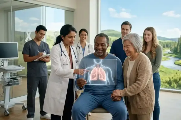 A glowing lung illustration emphasizes lung cancer awareness, early detection, treatment, and support.
