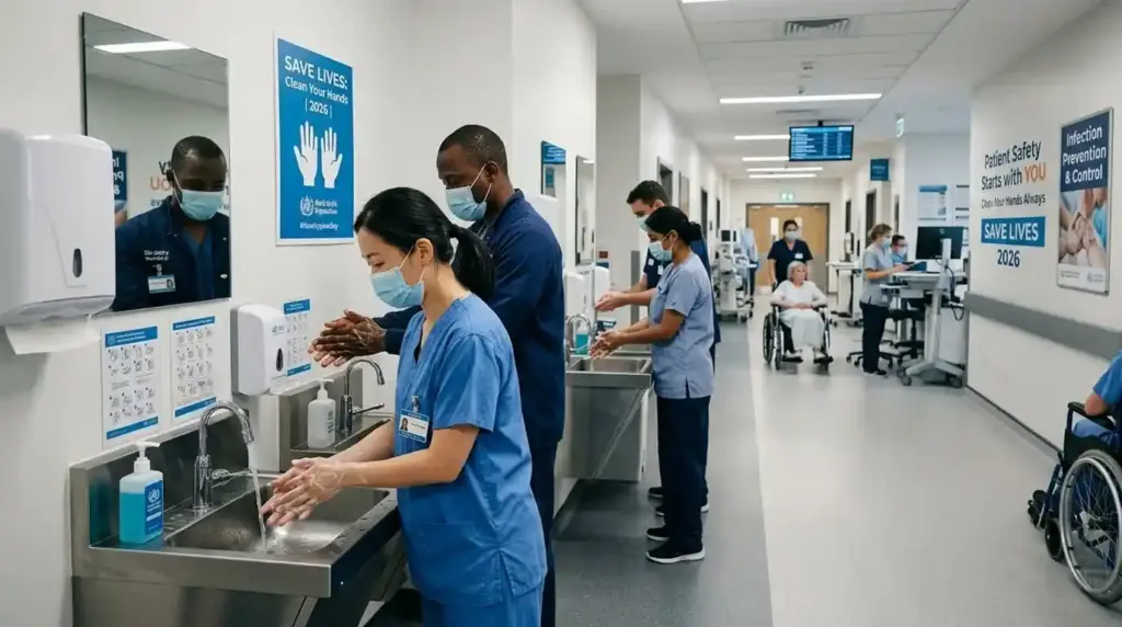 Healthcare workers practicing hand hygiene during the WHO Save Lives: Clean Your Hands campaign.