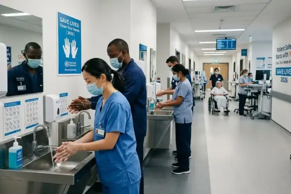 Healthcare workers practicing hand hygiene during the WHO Save Lives: Clean Your Hands campaign.