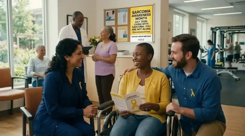 A medical clinic lobby where a diverse group of patients and healthcare professionals interact. In the foreground, a woman in a wheelchair wearing a yellow cardigan with a yellow awareness ribbon holds an informational brochure while smiling at a female healthcare worker in navy scrubs and a man sitting beside her. In the background, a bulletin board displays a yellow poster that reads "SARCOMA AWARENESS MONTH JULY 2026: LIVING WITH SARCOMA: YOU ARE NOT ALONE #SarcomaAwareness". Additional patients, doctors, and physical therapy equipment are visible in the bright room.