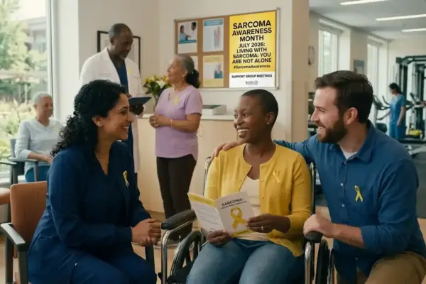 A medical clinic lobby where a diverse group of patients and healthcare professionals interact. In the foreground, a woman in a wheelchair wearing a yellow cardigan with a yellow awareness ribbon holds an informational brochure while smiling at a female healthcare worker in navy scrubs and a man sitting beside her. In the background, a bulletin board displays a yellow poster that reads "SARCOMA AWARENESS MONTH JULY 2026: LIVING WITH SARCOMA: YOU ARE NOT ALONE #SarcomaAwareness". Additional patients, doctors, and physical therapy equipment are visible in the bright room.