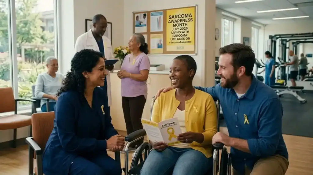 Patients, caregivers, and healthcare professionals participating in sarcoma cancer awareness and support activities.