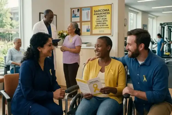 Patients, caregivers, and healthcare professionals participating in sarcoma cancer awareness and support activities.