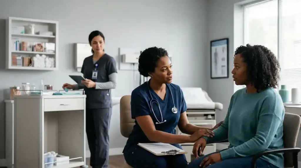 A healthcare professional assessing a patient during a clinical consultation focused on early recognition and prevention of sepsis.