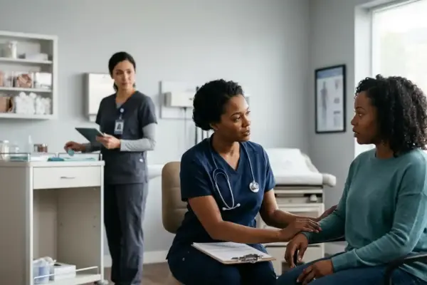 A healthcare professional assessing a patient during a clinical consultation focused on early recognition and prevention of sepsis.